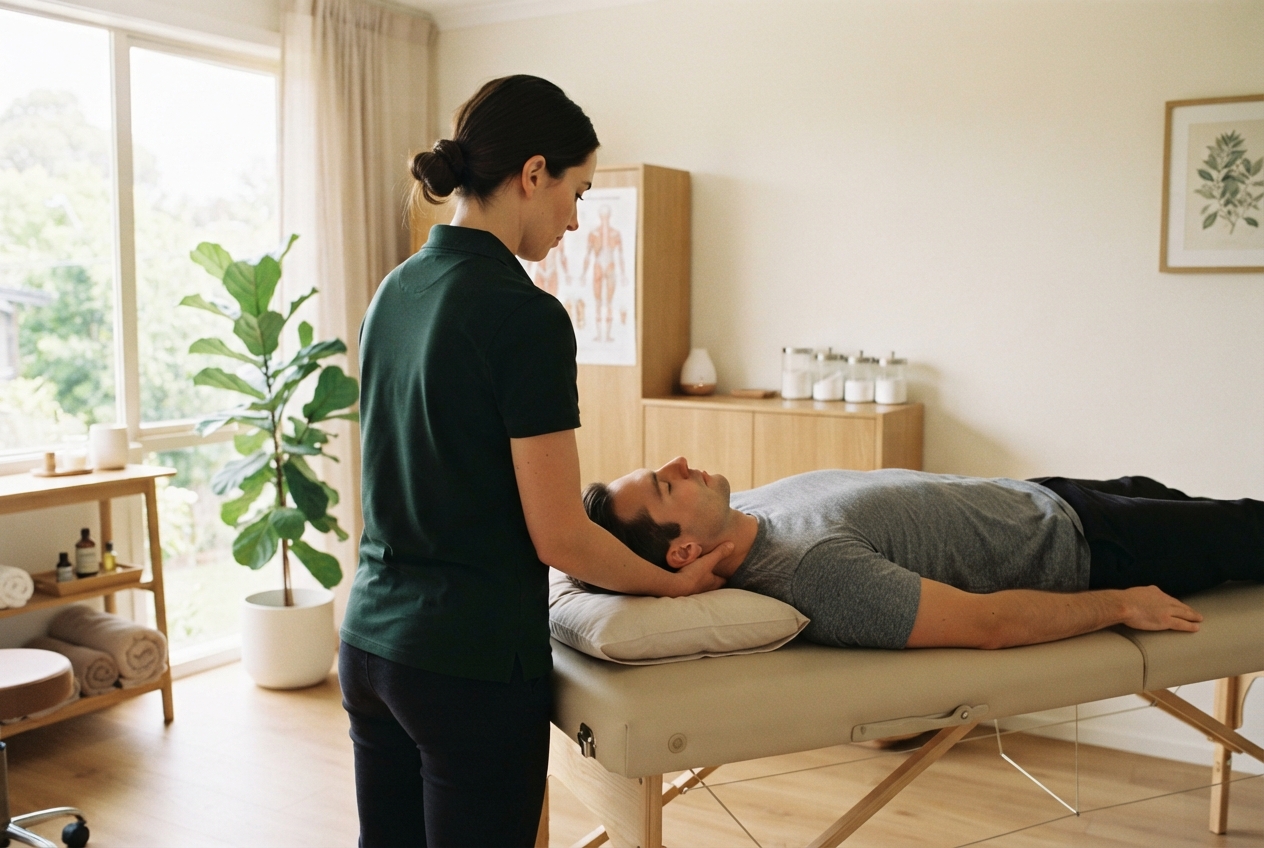 Claire Vasseur traite les cervicales d’un patient dans son cabinet d’Annecy